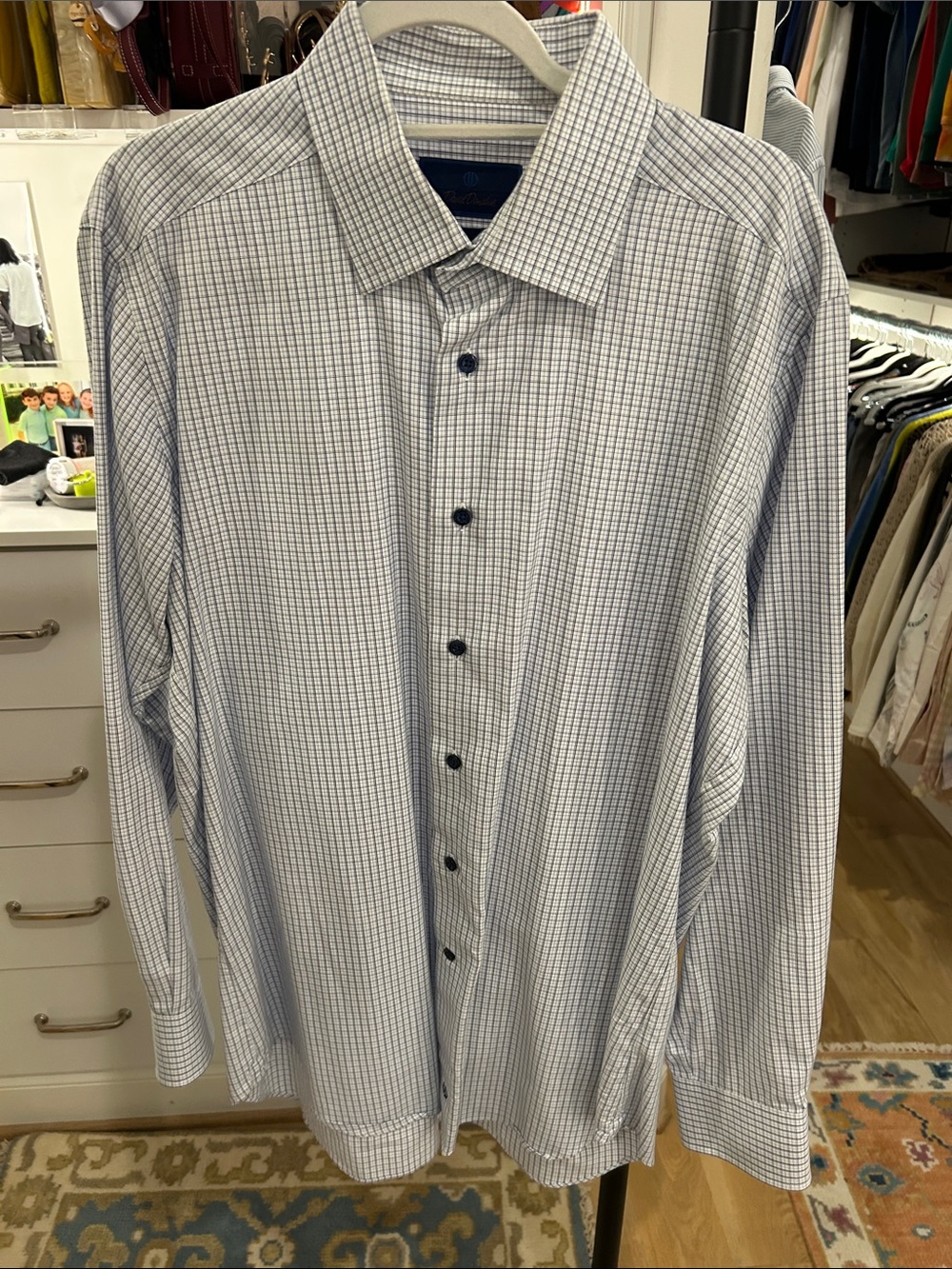 David Donahue White and Blue Checked Dress Shirt 17 34/35 Trim Fit